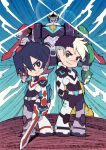  2boys black_hair bodysuit facial_scar grey_eyes keith_(voltron) male_focus mecha miyata_(lhr) multicolored_hair multiple_boys scar smile sword takashi_shirogane two-tone_hair voltron:_legendary_defender voltron_(mecha) weapon white_hair 