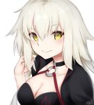  1girl ahoge arm_at_side bikini black_bikini black_jacket blush breasts cleavage closed_mouth collarbone commentary_request eyebrows_visible_through_hair fate/grand_order fate_(series) hair_between_eyes highres jacket jeanne_d&#039;arc_(alter)_(fate) jeanne_d&#039;arc_(alter_swimsuit_berserker) jeanne_d&#039;arc_(fate)_(all) large_breasts long_hair looking_at_viewer o-ring pink_lips shirayuiii shy sidelocks signature simple_background solo swimsuit yellow_eyes 