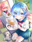  2girls animal bangs bendy_straw blue_eyes blue_hair blue_sailor_collar blue_skirt blush cake cat chair checkered checkered_floor closed_mouth commentary_request cup day drink drinking_glass drinking_straw eating emilia_(re:zero) eyebrows_visible_through_hair feeding food hair_between_eyes hair_ornament hair_ribbon hairclip highres holding holding_plate holding_spoon ice ice_cube indoors melynx_(user_aot2846) multiple_girls natsuki_subaru neckerchief plate pleated_skirt pov_feeding puck_(re:zero) purple_ribbon ram_(re:zero) re:zero_kara_hajimeru_isekai_seikatsu red_eyes red_neckwear redhead rem_(re:zero) ribbon sailor_collar school_uniform serafuku shirt short_hair short_sleeves siblings sisters skirt smile sparkle spoon swiss_roll table thigh-highs twins white_legwear white_shirt x_hair_ornament 