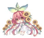  1girl :d bangs bare_arms bare_shoulders blush brown_eyes chibi dress eyebrows_visible_through_hair flower granblue_fantasy hair_between_eyes hair_flower hair_ornament leaf leaning_forward long_hair mizuno_(suisuiw) object_hug open_mouth pink_hair plant_girl quad_tails round_teeth simple_background sleeveless sleeveless_dress smile solo standing sunflower teeth upper_teeth very_long_hair white_background white_dress white_footwear yellow_flower yggdrasil_(granblue_fantasy) 