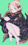  1girl abigail_williams_(fate/grand_order) alternate_hairstyle bandaid_on_forehead bangs barefoot belt black_bow black_jacket blonde_hair blue_eyes bow fate/grand_order fate_(series) feet forehead green_background hair_bow hair_bun high_collar highres jacket knees_up legs long_hair looking_at_viewer orange_bow parted_bangs polka_dot polka_dot_bow simple_background sleeves_past_fingers sleeves_past_wrists solo suction_cups tentacle terepin_(terepin_ice) thighs 