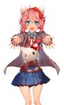  &gt;_o 1girl :d animal_ears blue_eyes blue_skirt bow cat_ears doki_doki_literature_club hair_between_eyes hair_bow hello_kitty hello_kitty_(character) highres looking_at_viewer one_eye_closed open_mouth outstretched_arms pink_hair pleated_skirt red_bow sayori_(doki_doki_literature_club) school_uniform short_hair simple_background skirt smile white_background yakusuke 