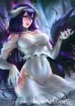  1girl albedo artist_name bare_shoulders breasts covered_navel elbow_gloves fangs feathers gloves hips horn lips long_hair looking_at_viewer nudtawut_thongmai overlord_(maruyama) purple_hair signature smile solo thighs very_long_hair white_background wings 