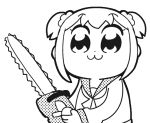  1girl :3 animated animated_gif bangs bkub chainsaw chibi cptnameless eyebrows_visible_through_hair greyscale hair_ornament hair_scrunchie holding holding_weapon looking_at_viewer monochrome poptepipic popuko school_uniform scrunchie seamless_loop serafuku sidelocks simple_background solo upper_body weapon white_background 