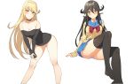  2girls absurdres animal_ears aruruw blonde_hair blush breasts dog_ears dog_tail eyebrows_visible_through_hair hair_tubes highres mythra_(xenoblade) icarus_(632247131) long_hair looking_at_viewer multiple_girls no_pants panties school_uniform simple_background sweater tail underwear utawareru_mono utawareru_mono:_itsuwari_no_kamen white_background white_panties xenoblade_(series) xenoblade_2 yellow_eyes 