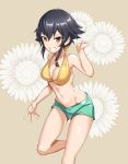  1girl absurdres bangs bikini bikini_shorts black_hair braid breasts brown_background brown_eyes cleavage clenched_hand commentary curcumin floral_background floral_print girls_und_panzer green_bikini_bottom grin highres leaning_forward leg_up looking_at_viewer medium_breasts mismatched_bikini navel pepperoni_(girls_und_panzer) short_hair shorts side_braid smile solo standing standing_on_one_leg swimsuit v-shaped_eyebrows yellow_bikini_top 