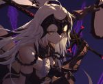  1girl ahoge armor armored_dress bare_shoulders black_dress breasts chains closed_mouth commentary_request dress eyebrows_visible_through_hair fate/grand_order fate_(series) flag fur_trim gauntlets godoju headpiece holding holding_sword holding_weapon jeanne_d&#039;arc_(alter)_(fate) jeanne_d&#039;arc_(fate)_(all) long_hair shadow silver_hair sword weapon yellow_eyes 