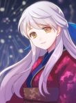  1girl fire_emblem fire_emblem:_akatsuki_no_megami fire_emblem_heroes fireworks japanese_clothes kimono kokouno_oyazi long_hair micaiah obi parted_lips portrait sash silver_hair smile solo yellow_eyes yukata 