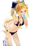  1girl abigail_williams_(fate/grand_order) alternate_hairstyle anzi bare_arms bare_shoulders bikini black_bikini black_bow black_footwear blonde_hair blue_eyes bow breasts closed_mouth collarbone commentary_request fate/grand_order fate_(series) food food_in_mouth hair_bow high_ponytail highres holding holding_food holding_shoes long_hair looking_at_viewer mouth_hold navel orange_bow polka_dot polka_dot_bow ponytail popsicle shoes shoes_removed simple_background small_breasts solo swimsuit very_long_hair white_background 