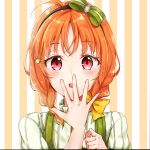  1girl ahoge alternate_hairstyle bangs blush bow braid covering_mouth hair_bow hand_over_own_mouth looking_at_viewer love_live! love_live!_sunshine!! open_mouth orange_hair portrait red_eyes solo striped striped_background takami_chika zyenokana 