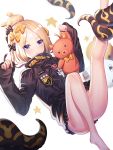 1girl :3 abigail_williams_(fate/grand_order) bangs bare_legs barefoot black_bow black_jacket blonde_hair blue_eyes blush bow closed_mouth commentary_request crossed_bandaids eyebrows_visible_through_hair fate/grand_order fate_(series) hair_bow hair_bun hands_up highres holding holding_stuffed_animal jacket leg_up long_hair long_sleeves looking_at_viewer medjed orange_bow parted_bangs polka_dot polka_dot_bow ririko_(zhuoyandesailaer) simple_background sleeves_past_wrists solo star stuffed_animal stuffed_toy teddy_bear tentacle 
