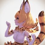  1girl animal_ears bare_shoulders belt blonde_hair bow bowtie commentary_request elbow_gloves eyebrows_visible_through_hair gloves high-waist_skirt highres kemono_friends multicolored_hair paw_pose profile serval_(kemono_friends) serval_ears serval_print serval_tail short_hair skirt sleeveless solo tail takami_masahiro upper_body yellow_eyes 