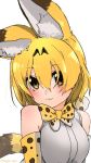  1girl :3 animal_ear_fluff animal_ears bare_shoulders blush bow bowtie commentary_request elbow_gloves eyebrows_visible_through_hair gloves highres kemono_friends serval_(kemono_friends) serval_ears serval_print serval_tail short_hair sleeveless solo tail turbo_engine_(rakugaki_tabo) upper_body yellow_eyes 