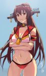  1girl alternate_costume alternate_hairstyle bikini blue_background breasts brown_eyes brown_hair closed_mouth commentary_request eyebrows_visible_through_hair hair_between_eyes headgear highres kantai_collection long_hair looking_at_viewer medium_breasts simple_background smile solo swimsuit tubakiharusame very_long_hair yamato_(kantai_collection) 