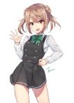  &gt;:d 1girl belt blush bow bowtie cowboy_shot double_bun dress eyebrows_visible_through_hair green_neckwear hair_between_eyes hand_on_hip hand_up kantai_collection light_brown_eyes light_brown_hair long_sleeves looking_at_viewer michishio_(kantai_collection) open_mouth pinafore_dress remodel_(kantai_collection) school_uniform short_dress signature simple_background smile solo twintails waving white_background zhi_zhi/zu_zu 