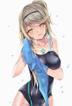  1girl bangs bare_shoulders black_swimsuit blonde_hair blush breasts cleavage collarbone commentary_request competition_swimsuit cowboy_shot drying drying_hair eyebrows_visible_through_hair hair_between_eyes hairband head_tilt highleg highleg_swimsuit highres mythra_(xenoblade) hinot large_breasts lips long_hair looking_at_viewer one-piece_swimsuit one_side_up parted_lips simple_background slit_pupils solo swimsuit towel towel_on_head wet wet_clothes wet_hair xenoblade_(series) xenoblade_2 yellow_eyes 