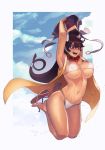  1girl bead_necklace beads bikini bikini_top breasts cleavage clouds cloudy_sky collarbone commentary_request earrings fate/grand_order fate_(series) hair_between_eyes hat headpiece hoop_earrings jewelry jumping large_breasts navel necklace open_mouth outdoors sandals sky sleeveless sungwon swimsuit violet_eyes white_bikini xuanzang_(fate/grand_order) 