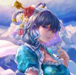  1girl bangs blue_dress blue_eyes blue_hair blue_nails blue_sky breasts cleavage clouds commentary_request day dress eyebrows_visible_through_hair fingernails floral_print flower frills hair_between_eyes hair_flower hair_ornament hair_rings hair_stick hand_up kaku_seiga large_breasts lips looking_at_viewer nail_polish outdoors parted_lips puffy_sleeves red_flower sharp_fingernails shawl short_hair sky smile solo tassel tocope touhou upper_body vest white_flower white_vest wing_collar 
