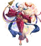  1girl animal animal_print bangs bird bug butterfly butterfly_print fire_emblem fire_emblem:_akatsuki_no_megami fire_emblem_heroes full_body highres insect japanese_clothes kimono micaiah obi official_art sandals sash silver_hair transparent_background wide_sleeves yellow_eyes yune 