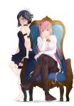  2girls alternate_costume aqua_eyes backless_outfit bare_shoulders black_dress black_hair black_legwear breasts chair chin_rest choker collared_shirt darling_in_the_franxx dress feet frilled_dress frills green_eyes hair_net hairband highres horns ichigo_(darling_in_the_franxx) kasugano_(11955672) legs_crossed long_hair long_sleeves looking_at_viewer medium_breasts multiple_girls no_shoes pantyhose pink_hair pink_shirt shirt short_hair simple_background sitting standing thigh_strap white_background white_shirt zero_two_(darling_in_the_franxx) 