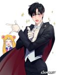  &gt;:o 1boy 1girl :d :o \m/ ^_^ artist_name bishoujo_senshi_sailor_moon black_cape black_eyes black_hair black_jacket blonde_hair blush bow bowtie cape chiba_mamoru choker closed_eyes double_bun formal gearous hair_ornament happy highres jacket long_hair long_sleeves looking_at_viewer magical_girl open_mouth role_reversal sailor_moon short_hair simple_background smile sparkle suit tsuki_ni_kawatte_oshioki_yo tsukino_usagi tuxedo tuxedo_kamen twintails white_background white_bow 