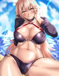  1girl absurdres bangs beach bikini black_bikini black_jacket blonde_hair blue_sky blush breasts choker cleavage closed_mouth collarbone cropped_jacket fate/grand_order fate_(series) hair_between_eyes hand_in_hair highres hips huge_filesize jacket jeanne_d&#039;arc_(alter_swimsuit_berserker) jeanne_d&#039;arc_(fate)_(all) kisaragi_(legobionicle23) large_breasts long_hair looking_at_viewer navel o-ring sky smile solo sunlight sweatdrop swimsuit tan thighs very_long_hair waist yellow_eyes 