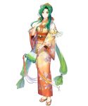  1girl bangs elincia_ridell_crimea fire_emblem fire_emblem:_akatsuki_no_megami fire_emblem_heroes floral_print full_body green_hair highres japanese_clothes kimono obi official_art sandals sash solo transparent_background wide_sleeves yellow_eyes 