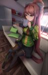  1girl 3d_background absurdres black_legwear black_skirt brown_hair commentary commission cosplay cup doki_doki_literature_club english_commentary eyebrows_visible_through_hair full_body green_eyes green_jacket hair_ribbon highres indoors jacket lens_flare long_hair monika_(doki_doki_literature_club) no_shoes persona pillow pleated_skirt ponytail ribbon satonaka_chie satonaka_chie_(cosplay) sitting skirt solo steam thigh-highs tsukimaru very_long_hair 