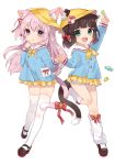  2girls :d animal_ears arm_up azur_lane bangs bell blue_shirt blush bow bowtie brown_footwear brown_hair candy candy_wrapper cat_ears cat_girl cat_tail commentary ears_through_headwear eyebrows_visible_through_hair fang fingernails food green_eyes hair_between_eyes hair_ribbon hand_up hat highres holding holding_food holding_lollipop intertwined_tails jingle_bell kindergarten_uniform kisaragi_(azur_lane) lollipop long_hair long_sleeves loose_socks low_twintails mary_janes multiple_girls mutsuki_(azur_lane) neckerchief one_side_up open_mouth orqz parted_lips pink_hair pleated_skirt red_bow red_ribbon ribbon school_hat shirt shoes simple_background skirt sleeves_past_wrists smile standing standing_on_one_leg tail tail_bell tail_bow thigh-highs twintails very_long_hair violet_eyes white_background white_legwear yellow_hat yellow_neckwear yellow_skirt 
