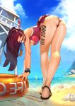  1girl absurdres ass bangs beach beach_umbrella bent_over blue_sky blush body_writing breasts character_name cleavage clouds commentary day eyebrows_visible_through_hair from_behind girls_frontline groin hair_ribbon half_updo highres large_breasts lifebuoy lifeguard long_hair looking_at_viewer one-piece_swimsuit one_side_up outdoors purple_hair red_eyes red_swimsuit ribbon romana sand sandals shell sky solo swimsuit thighs umbrella very_long_hair wa2000_(girls_frontline) watch wet whistle 