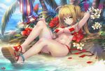  1girl ahoge anklet armpits artist_name ass bangs beach bikini blonde_hair blush bracelet breasts closed_mouth eyebrows_visible_through_hair fate/grand_order fate_(series) flower green_eyes hair_intakes hand_behind_head highres jewelry kyjsogom leaning_back long_hair looking_at_viewer nail_polish navel nero_claudius_(fate)_(all) nero_claudius_(swimsuit_caster)_(fate) ocean sand sandals sitting smile solo stomach striped striped_bikini sunlight swimsuit thighs tree twintails umbrella under_boob 