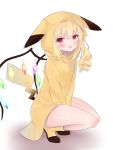  1girl bare_legs blonde_hair boots cosplay creatures_(company) flandre_scarlet game_freak gen_1_pokemon highres hood hood_up looking_at_viewer nintendo open_mouth pikachu pikachu_(cosplay) pokemon red_eyes squatting tail tosakaoil wings yellow_footwear 