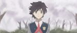  1boy bangs black_hair blue_eyes cherry_blossoms commentary darling_in_the_franxx english_commentary grass highres hiro_(darling_in_the_franxx) looking_at_viewer male_focus military military_uniform necktie nuoki petals red_neckwear short_hair solo tree uniform 