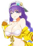  1girl bangs bare_shoulders baseball_cap bb_(fate/extra_ccc) blush braid breasts cleavage collarbone cropped_jacket fate/extra fate/extra_ccc fate/grand_order fate_(series) grey_hat hat highres jacket large_breasts long_braid long_hair looking_at_viewer manabebebe navel off_shoulder purple_hair simple_background smile solo very_long_hair violet_eyes waist white_background white_bikini_top yellow_jacket 