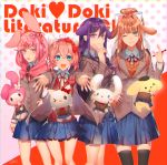  &gt;_o 4girls :d ;) animal_ears animal_hood black_legwear blue_eyes blue_skirt bow brown_hair bunny_hood capelet cat_ears character_request cinnamoroll commentary copyright_name cute doki_doki_literature_club green_eyes hair_between_eyes hair_bow hair_ornament hair_ribbon hairclip hand_on_hip hand_on_own_chin hello_kitty hello_kitty_(character) highres hood hooded_capelet knife light_smile long_hair looking_at_viewer monika_(doki_doki_literature_club) multiple_girls my_melody natsuki_(doki_doki_literature_club) one_eye_closed open_mouth outstretched_arms pen pink_eyes pink_hair pleated_skirt polka_dot polka_dot_background pompompurin ponytail purple_hair red_bow red_ribbon ribbon sanrio sayori_(doki_doki_literature_club) school_uniform short_hair skirt smile team_salvato thigh-highs violet_eyes white_ribbon yakusuke yuri_(doki_doki_literature_club) 