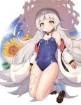  1girl azur_lane bangs barefoot blue_swimsuit blunt_bangs breasts casual_one-piece_swimsuit flower full_body gloves hat highres iron_cross jacket kneeling long_hair mentai_mayo mole mole_under_eye one-piece_swimsuit open_clothes open_jacket silver_hair small_breasts solo sun_hat sunflower swimsuit tattoo white_jacket yellow_eyes yellow_gloves z46_(azur_lane) 