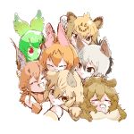  6+girls :3 aardwolf_(kemono_friends) aardwolf_ears animal_ears ashiatomonchich bare_shoulders black_hair blonde_hair bow bowtie caracal_(kemono_friends) caracal_ears cat_day cat_ears cerval check_commentary cheek-to-cheek clenched_hand closed_eyes commentary commentary_request cuddling elbow_gloves eyebrows_visible_through_hair fangs fur_collar gloves green_hair green_skin grey_hair grin hand_on_another&#039;s_head highres jaguar_(kemono_friends) jaguar_ears jaguar_print kemono_friends lion_(kemono_friends) lion_ears multicolored_hair multiple_girls neko_atsume open_mouth orange_hair red_eyes saliva sand_cat_(kemono_friends) serval_(kemono_friends) serval_ears serval_print short_hair sleeping sleeveless smile triangle_mouth yellow_eyes 