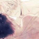  2boys black_hair blue_eyes blurry blush close-up covering depth_of_field facing_away happy katsuki_yuuri looking_at_another looking_down male_focus multiple_boys nude nude_cover shirtless short_hair simple_background smile tadano53 upper_body viktor_nikiforov white_background white_hair yaoi yuri!!!_on_ice 