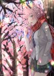  1girl against_tree black_skirt blazer blue_neckwear cherry_blossoms darling_in_the_franxx dress_shirt emarex96 eyebrows_visible_through_hair fan floating_hair flower green_eyes grey_blazer hairband highres holding_lollipop horns jacket long_hair miniskirt necktie open_blazer open_clothes open_jacket open_mouth outdoors pink_flower pink_hair pleated_skirt red_scarf scarf school_uniform shiny shiny_hair shirt skirt solo standing striped_neckwear tree very_long_hair watermark web_address white_hairband white_shirt zero_two_(darling_in_the_franxx) 