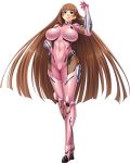  1girl aoi_nagisa_(metalder) arm_guards armor bangs blue_eyes bodysuit breasts brown_hair covered_navel fishnets full_body gloves hand_on_hip hand_up high_heels highres impossible_bodysuit impossible_clothes koukawa_asuka large_breasts lilith-soft long_hair looking_at_viewer official_art parted_lips pink_bodysuit shiny shiny_clothes shiny_hair shiny_skin skin_tight smile solo standing taimanin_(series) taimanin_asagi thigh-highs transparent_background very_long_hair 
