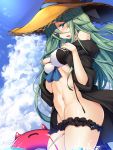  1girl abs alternate_costume bikini blue_eyes blue_sky blush breasts clouds cloudy_sky contrapposto cowboy_shot day enemy_lifebuoy_(kantai_collection) fang from_side green_hair hair_between_eyes hands_on_own_chest hat highres innertube kantai_collection long_hair lowleg lowleg_bikini medium_breasts navel open_mouth outdoors sky solo sun_hat swimsuit torisan very_long_hair yamakaze_(kantai_collection) 
