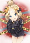  1girl abigail_williams_(fate/grand_order) alternate_hairstyle bandaid_on_forehead bangs belt black_bow black_jacket blonde_hair blue_eyes blush bow caution_tape cheek_pull fang fate/grand_order fate_(series) finger_in_mouth forehead hair_bow hair_bun high_collar highres hips holding holding_stuffed_animal jacket keep_out kkumon long_hair looking_at_viewer open_mouth orange_bow parted_bangs polka_dot polka_dot_bow sleeves_past_fingers sleeves_past_wrists solo stuffed_animal stuffed_toy teddy_bear thighs 