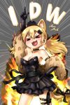  &gt;_&lt; 1girl :3 alternate_costume animal_ear_fluff animal_ears bare_shoulders black_dress black_gloves black_ribbon black_skirt blonde_hair blush cat_ears cat_tail character_name choker closed_eyes commentary cowboy_shot dress elbow_gloves emphasis_lines explosion fang girls_frontline gloves hair_between_eyes hair_ornament heart heart_in_mouth idw_(girls_frontline) index_finger_raised jazzjack low_twintails open_mouth pointing pointing_up ribbon skirt solo stole strapless strapless_dress tail tail_ribbon thigh_strap tiara twintails 