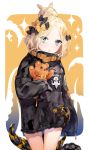  1girl abigail_williams_(fate/grand_order) absurdres alternate_hairstyle artist_request bandaid_on_forehead bangs belt black_bow black_jacket blonde_hair blue_eyes blush border bow fate/grand_order fate_(series) forehead gradient gradient_background hair_bow hair_bun high_collar highres holding holding_stuffed_animal jacket long_hair looking_at_viewer open_mouth orange_background orange_bow parted_bangs polka_dot polka_dot_bow sleeves_past_fingers sleeves_past_wrists solo sparkle stuffed_animal stuffed_toy teddy_bear tentacle thighs white_border 