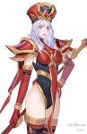  1girl absurdres armor breasts elbow_gloves gloves hat highres leotard lips lipstick makeup red_eyes sally_whitemane sohn_woohyoung solo staff thigh-highs warcraft white_hair world_of_warcraft 