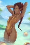  1girl armpits arms_up blue_sky bracelet braid breasts brown_hair commission dark_skin day dutch_angle earrings final_fantasy final_fantasy_xiv green_eyes highleg highleg_swimsuit hoop_earrings hyur jewelry lips long_hair looking_at_viewer one-piece_swimsuit one_eye_closed partially_submerged ponytail sky small_breasts smile solo soranamae standing swimsuit water 