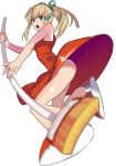  1girl android ass blonde_hair broom capcom commentary_request dress green_ribbon hair_ribbon looking_at_viewer older panties ponytail red_dress red_footwear red_skirt ribbon robot rockman rockman_(classic) roll skirt solo ukimukai underwear 