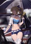  1girl absurdres ahoge alternate_costume arm_support artist_name artoria_pendragon_(all) bandeau blonde_hair blue_ribbon car copyright_name cropped_jacket dated fate/grand_order fate/stay_night fate_(series) green_eyes ground_vehicle hair_ribbon highres leaning_back leaning_on_object looking_to_the_side midriff motor_vehicle navel ounijang ponytail racequeen ribbon saber short_shorts shorts solo thigh-highs umbrella 