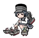  6+girls arare_(kantai_collection) brown_hair daihatsu_(landing_craft) daihatsu_landing_craft fairy_(kantai_collection) green_hair grey_hair hat kantai_collection lowres multiple_girls petting rigging simple_background smile solid_circle_eyes squatting terrajin white_background 