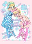  2girls arm_rest bag bandanna bent_over blonde_hair blue-framed_eyewear blue_dress blue_legwear border bukiyama character_name christine_(doubutsu_no_mori) doubutsu_no_mori dress dual_persona ear_piercing eyeshadow francoise_(doubutsu_no_mori) full_body glasses hand_on_another&#039;s_head handbag juliet_sleeves long_sleeves makeup mary_janes multiple_girls pantyhose personification piercing pink-framed_eyewear pink_border polka_dot polka_dot_dress puffy_sleeves rabbit shoes short_hair smile white_footwear 